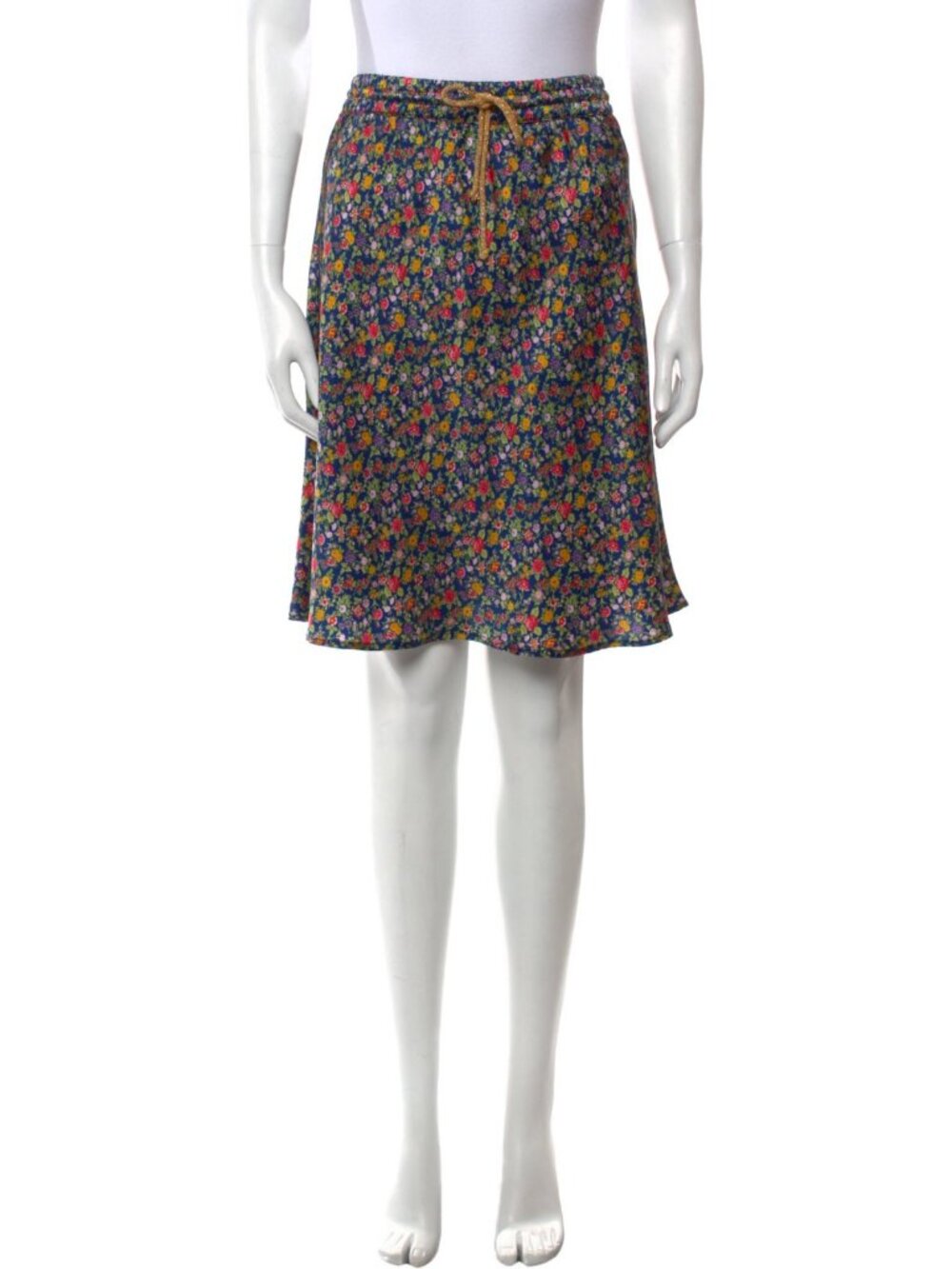 Aquarius Cocktail Blue Floral Print Silk Drawstring Knee Length Skirt Size 1 (S)